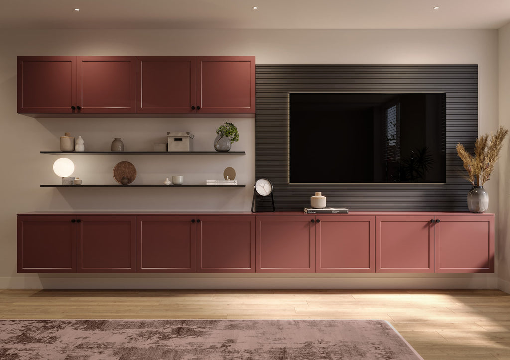 Warm Modern Living : Rusty Red Media Wall with Floating Cabinets and Shelves