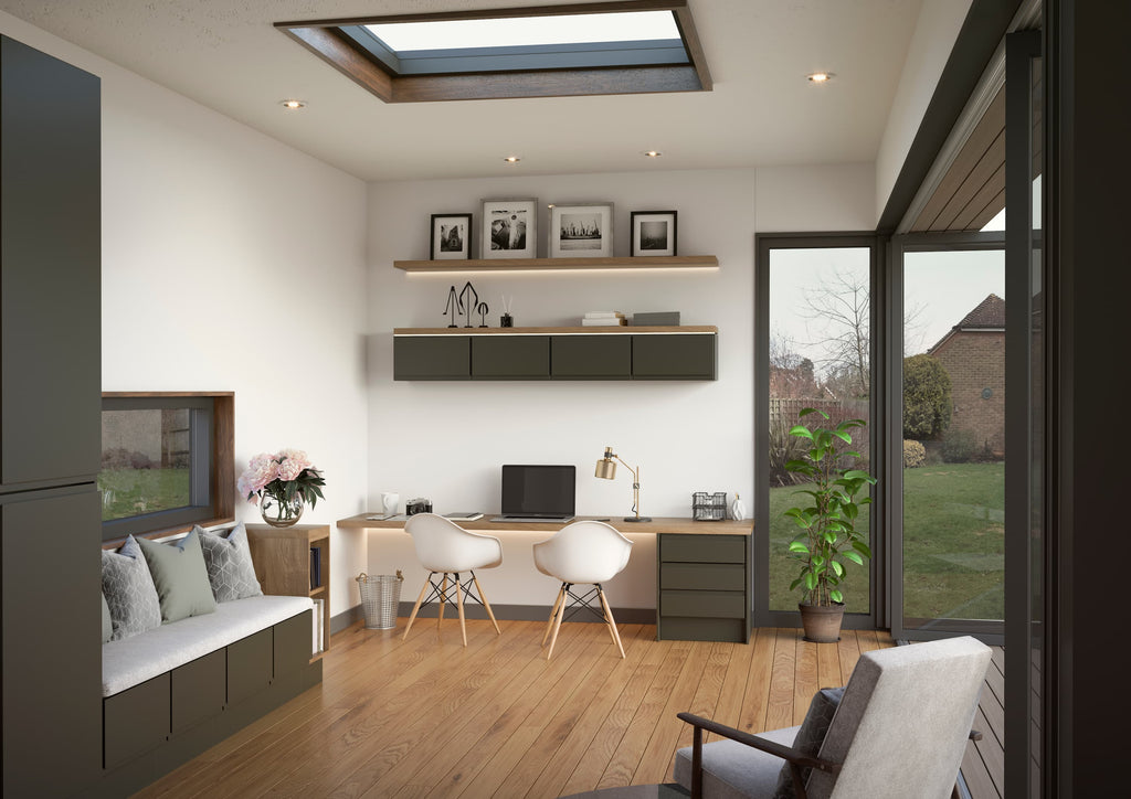 The Viewside Hub – A Tranquil Work & Watch Space in Kombu Green with Natural Light Bliss