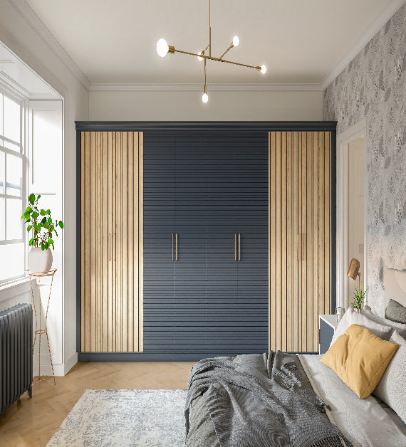 Two-Tone Bedroom Wardrobe Wall with Oak Accents