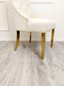 Bentley Gold Dining Chair – Gold Lion Knocker , Studded Border , Quilted Back.