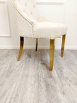 Bentley Gold Dining Chair – Gold Lion Knocker , Studded Border , Quilted Back.