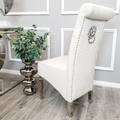 EMMA Dinning Chair – Quilted Back, Scroll Top & Chrome Lion Knocker